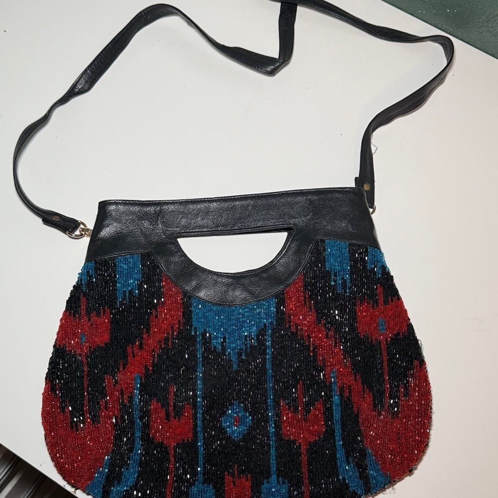 Moyna Vintage Black, Blue & Red Beaded Glitter Women's Bag Purse Clutch Eve Bag - Picture 5 of 11